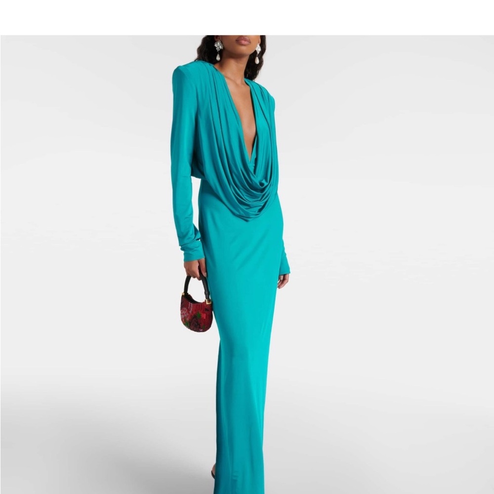 Magda Butrym Draped Teal Long Sleeve Evening Dress